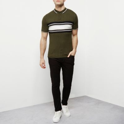 Green ribbed chest stripe polo shirt